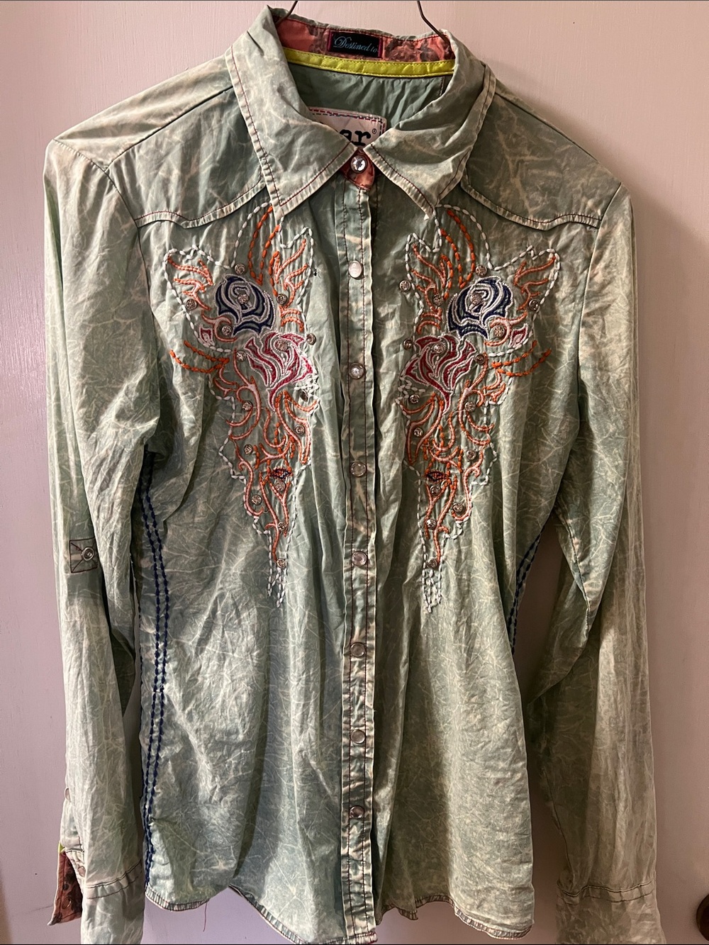 Roar Sage Green Embroidered Button-Down Shirt